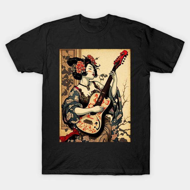 Traditional Japanese Geisha Playing Guitar T-Shirt by entwithanaxe